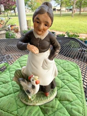 Vintage Bisque Porcelain Old Woman Farmer Wife Tending Chicken